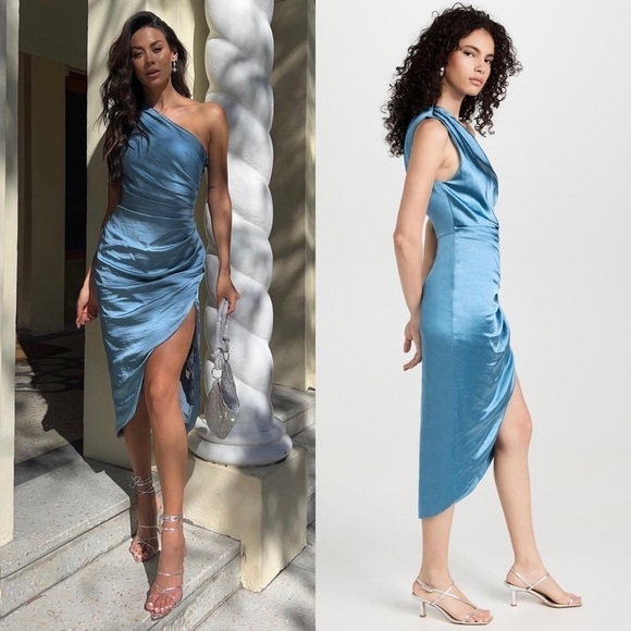 *NWT ELLIATT 70s Satin Sleeveless 1 Shoulder Ruched Faux Wrap Asymmetric Dress M - Picture 7 of 16